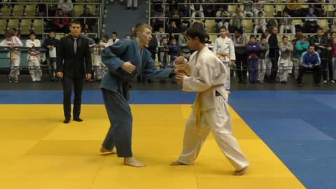 Orenburg, Russia - 5 February 2016: Boys compete in judo at the Championship of the Orenburg region on Judo boys 2002-2003 biennium of birth