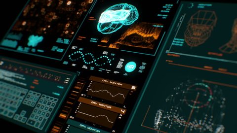 Ultra high resolution footage of futuristic interface in prespective.Digital background.Blinking and switching indicators and statuses showing brain scanning process or human health.UHD,HD,1080p