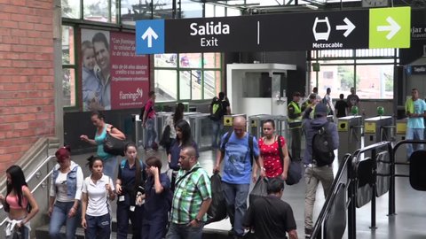 Medellin, Columbia, Circa 2016:People exiting and entering the Metro Cable station in Medellin