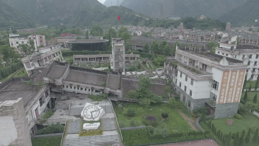 Aerial view of a collapsed school building at the Wenchuan earthquake memorial museum in Sichuan, China. D-log profile.