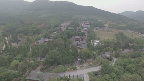 Aerial view of the famous Shaolin temple complex, an important Buddhist center and home to Shaolin kung fu in Henan province, China.