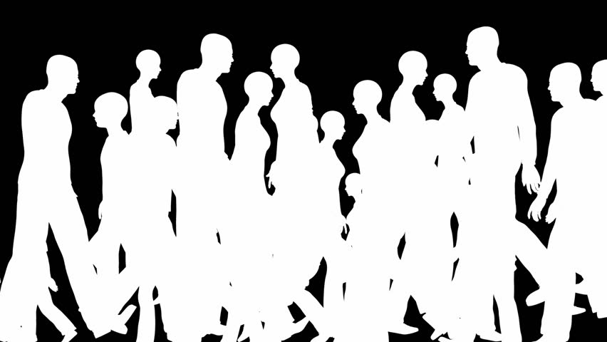 Crowd silhouettes walking, seamless loop 
