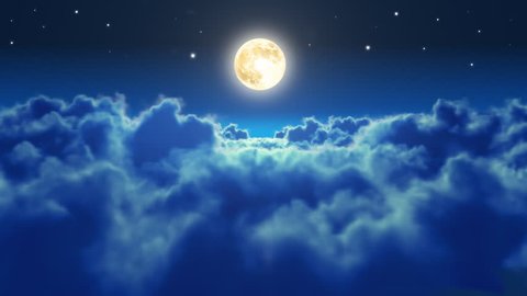 Flying over the clouds in the night with the moon. Seamless 3d animation. HD 1080.