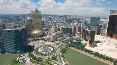 MACAU - JULY 2016: Aerial shot of the classic casino strip and skyline of Macau.