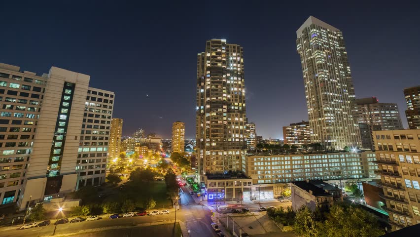 Wide angle timelapse of Jersey city at night time with cars traffic, view from above