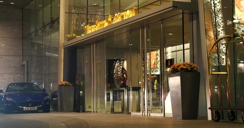 HONG KONG, CHINA - CIRCA NOVEMBER, 2015: The Ritz Carlton Hotel entrance. Ritz Carlton operates 81 luxury hotels and resorts in major cities and resorts in 26 countries worldwide. 
