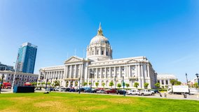 Time-lapse of front of San Francisco City Hall from off-center angle on a beautiful blue sky sunny day. 4k 30fps stationary