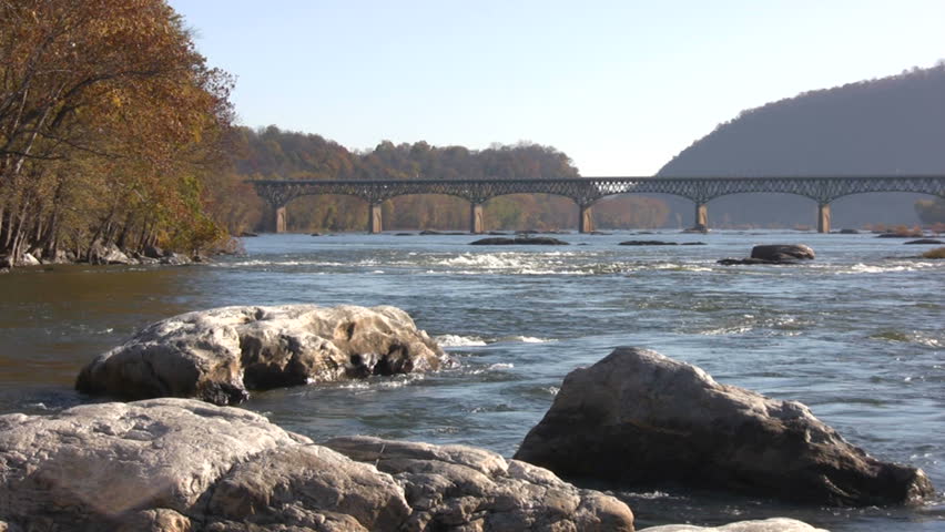 Traffic moves across the Potomac River Bridge on Highway 340 between Maryland and Virginia, USA.