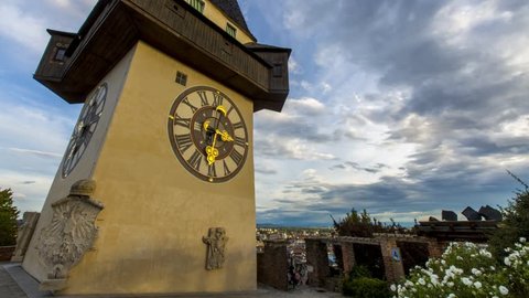 time-lapse clocktower named uhrturm in graz,styria,austria