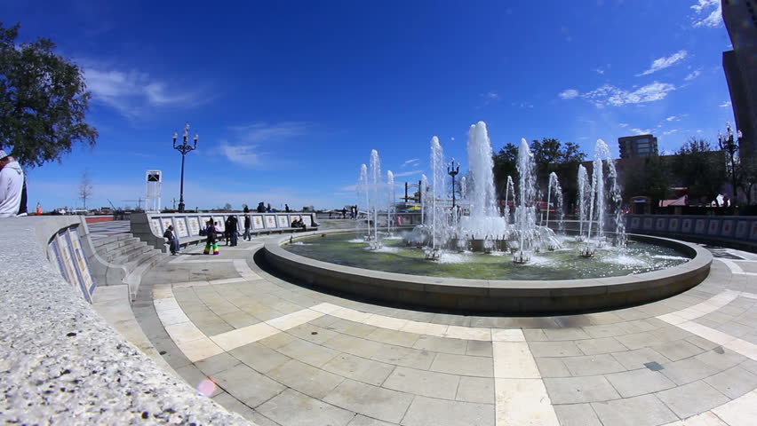 A fisheye view of the fountain at the Riverwalk Park in New Orleans, LA on the