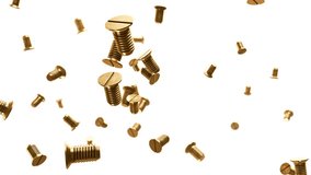 Gold metallic screws flow 3d animation on white background.