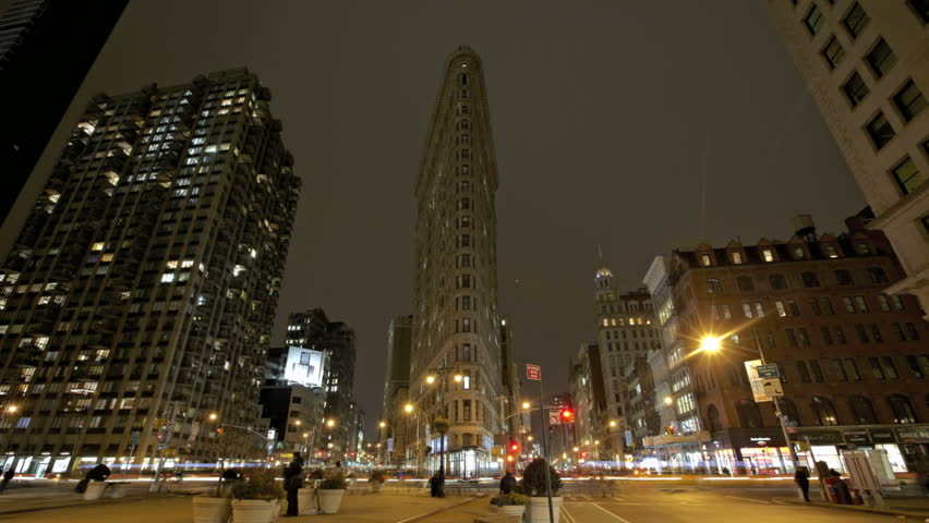 NEW YORK CITY - Feb 10: Timelapse of the Flatiron Building at nighttime on