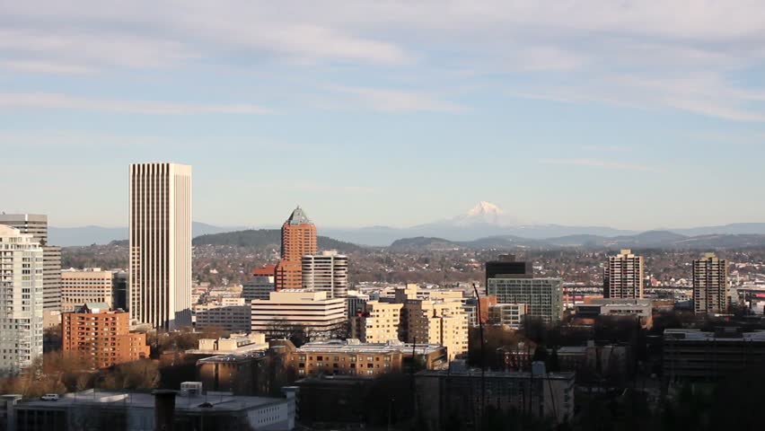 Panoramic View of Portland Oregon Cityscape and Mountains 1080p Panning