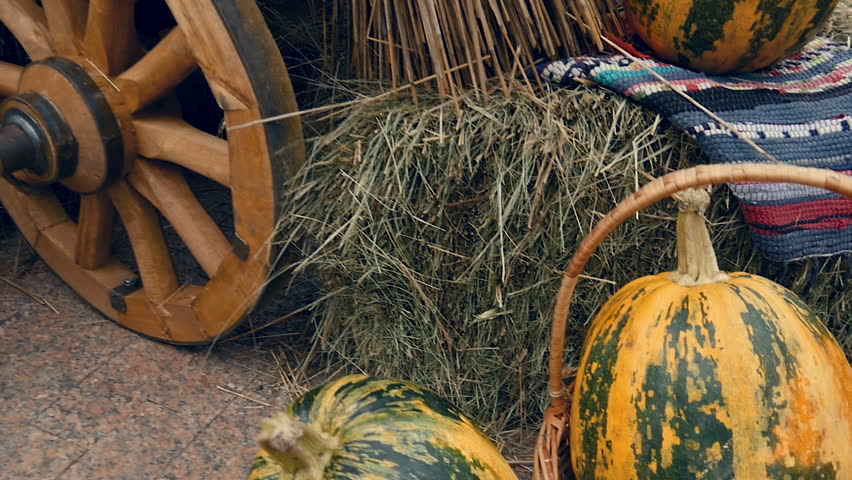 The trolley stands at the exhibition, with pumpkins and other vegetables