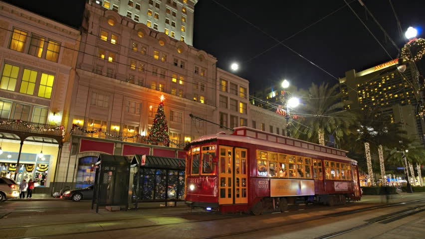 NEW ORLEANS  - DEC 09: Timelapse of a Trolley stopping at Canal Street Station