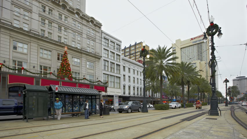 NEW ORLEANS  - DEC 09: Timelapse of a Trolley stopping at Canal Street Station