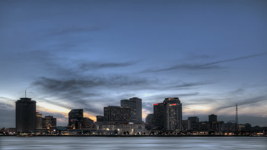 NEW ORLEANS  - DEC 09: Timelapse of the Skyline an Mississippi River at twilight