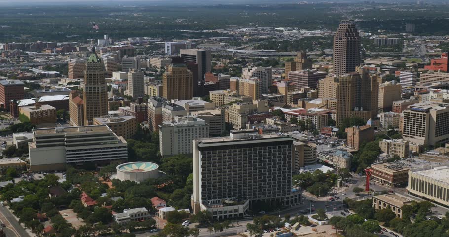 An aerial view over the skyline of San Antonio, Texas.  	