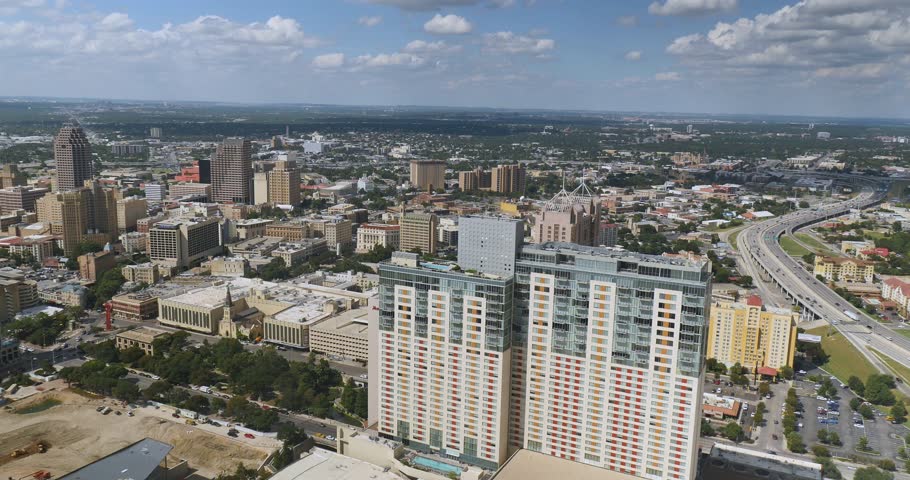 An aerial view over the skyline of San Antonio, Texas.  	