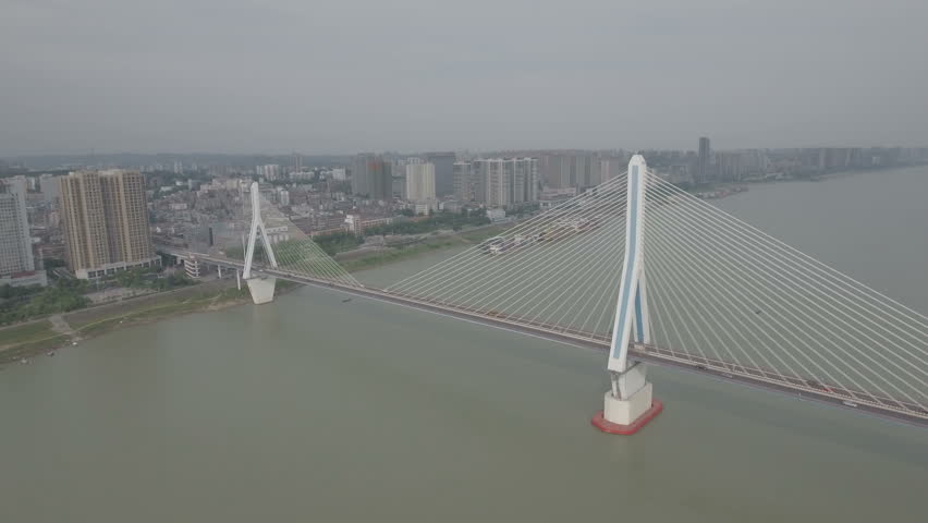 Aerial view of a bridge spanning the Yangtze river in Yichang, central China.