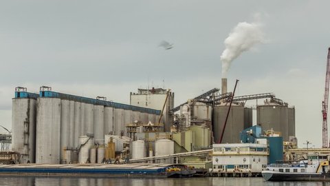4k Time-lapse from a bulk terminal that is active in the transhipment of bulk cargoes, ranging from agricultural products to coal and minerals.