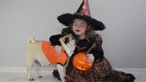 Cute girl and her little dog are dressed in suits for Halloween. Child in an image of sorcerer sits on floor. Pumpkin - Halloween symbol. Girl holds pumpkin and embraces pug.