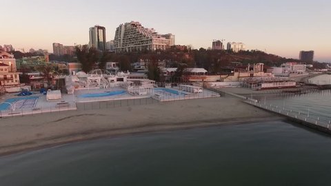 Odessa - JUL 27, 2016 Beautiful hotel with pool on a beach. Quadrocopter