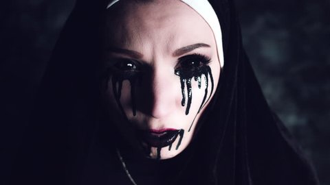 4k Halloween Shot of a Horror Nun Coughing all Dirty Stockvideó