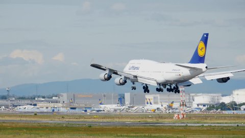 FRANKFURT AM MAIN, GERMANY - SEPTEMBER 4, 2015: Lufthansa Boeing 747 D-ABYK landing at 25L. Unofficial spotting on Sep. 4, 2015