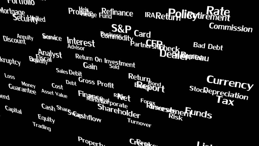 Business and financial terms, 3d space text animation. black and white.