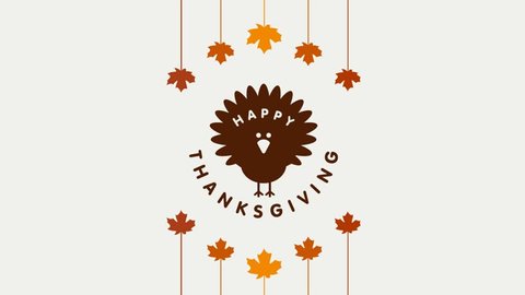 Happy Thanksgiving Day Typographic Animated Design template. Thank you greeting card template. Background full of branches and hanging maple Leaves. Happy Thanksgiving banner