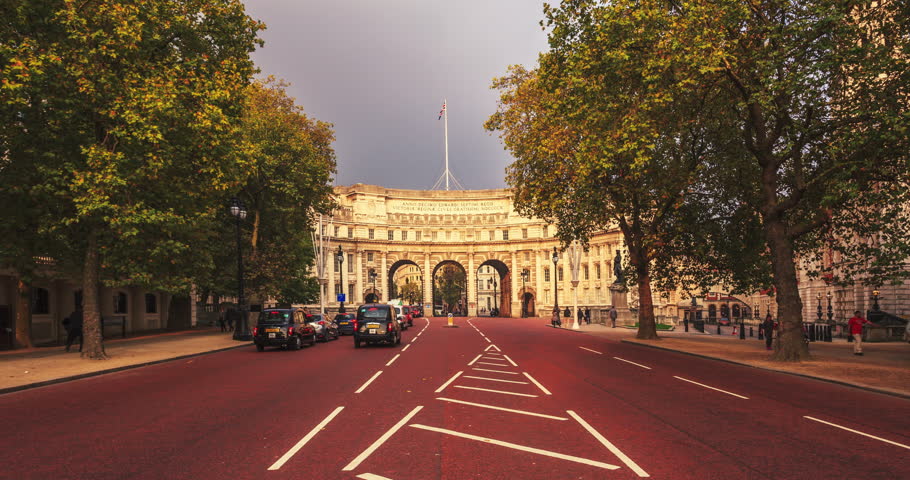 Hyperlapse of Admiralty Arch, The Mall, London, England, UK, decorated with White Ensigns