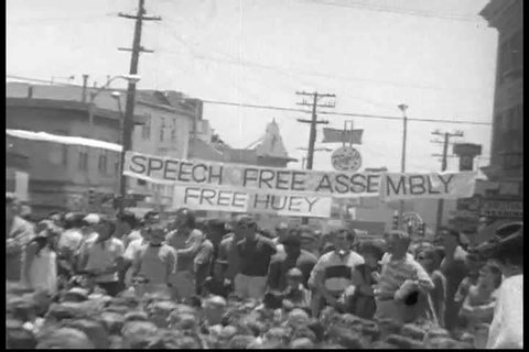 A man makes a speech about fighting the cops at a protest in 1968 Berkeley. (1960s)