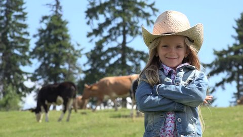 Portrait of Farmer Child with Cows, Cowherd Little Girl Face Pasturing Cattle
