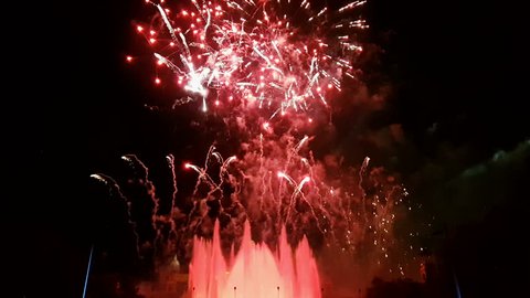 Barcelona, Spain - 25 September 2016: La Merce 2016 fireworks at Magic Fountain. 
The pyrotechnics finale of La Merce 2016 celebrations at Plaza de Espana.
