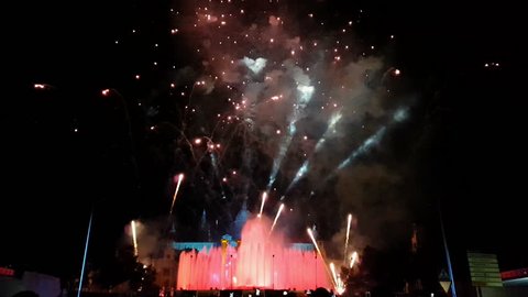 Barcelona, Spain - 25 September 2016: La Merce 2016 fireworks at Magic Fountain. 
The pyrotechnics finale of La Merce 2016 celebrations at Plaza de Espana.
