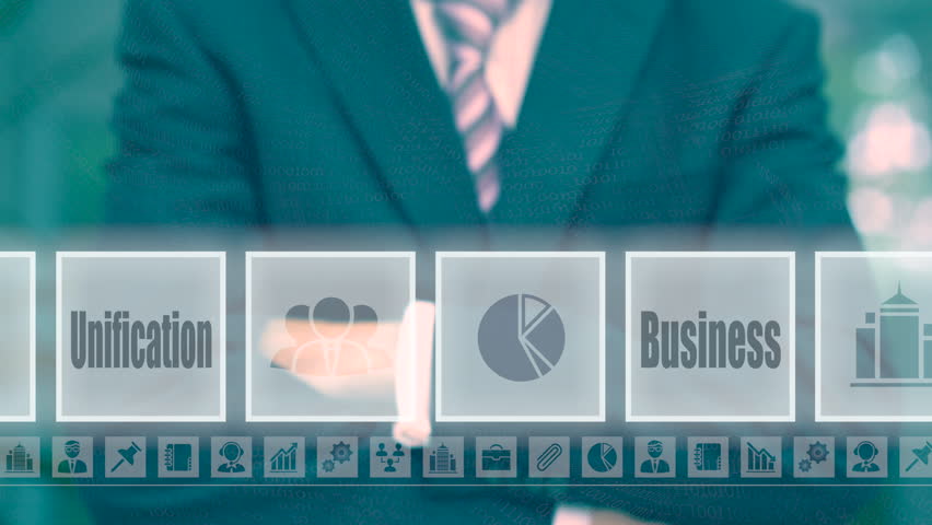 Businessman selecting and then pressing a Integration button on a clear projection screen Royalty-Free Stock Footage #19981462