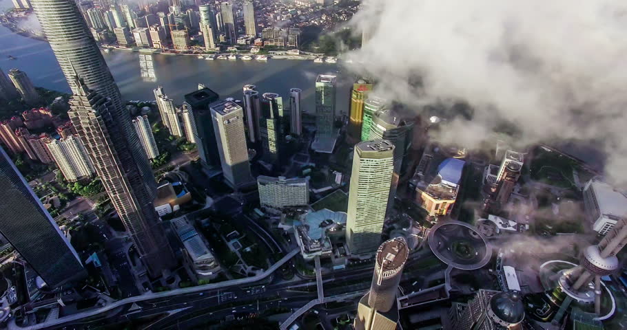  Bird view of the busy Pudong CBD in the sky at sunset,Shanghai, China
