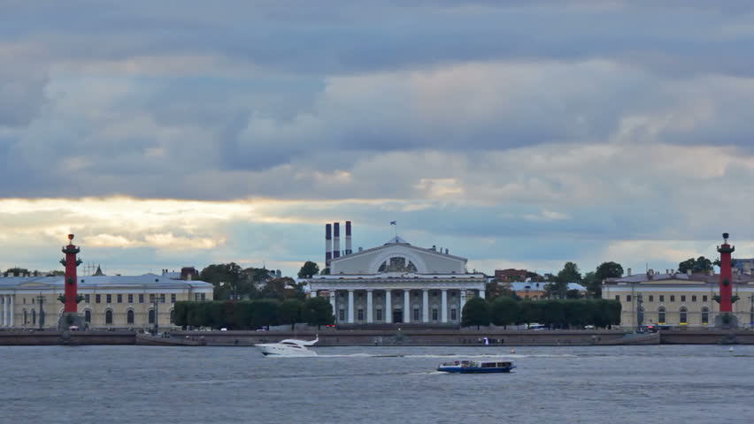 Old Saint Petersburg Stock Exchange and Rostral Columns, located in St Petersburg, Russia
