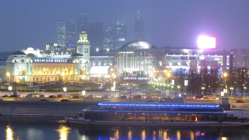Kievsky station stand near to highway and embankment, time lapse