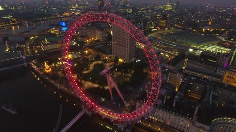 Aerial View London England Night Half Round around ferris wheel