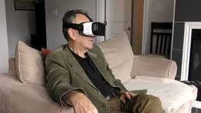 Senior Man Experiencing Virtual Reality - 360 Movie VR Video 3D - New Immersive Technology - Smooth Slider Dolly Shot 