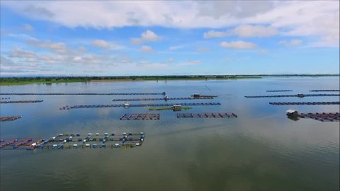 Aerial view : Villager has fish and shrimp farm in floating basket for keeping live fish in water