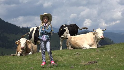 Cowboy Girl Pasturing Cows, Farmer Child Smiling at Camera, Cowherd Kid Play