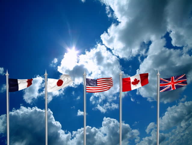 America,France,Japan,Canada and England's flags animated with blue sky on the