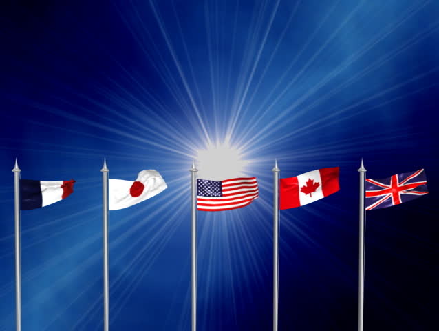 America,France,Japan,Canada and England's flags animated with lens flare