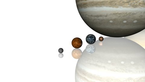 Solar System Lineup. The planets of the solar system (including Pluto) lined up on a white, reflective surface. Planets are sized accurately relative to each other based on NASA data.
