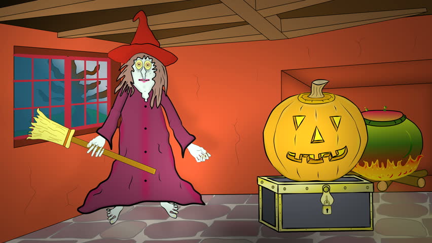 Halloween Witch House-Ver 2: Title: Happy Halloween-Cartoon
Animated cartoon: Halloween Witch, Spider, and Jack O'Lantern wave and smile; and "Happy Halloween" title appears.
Â© Bill Milbrodt. 2016.