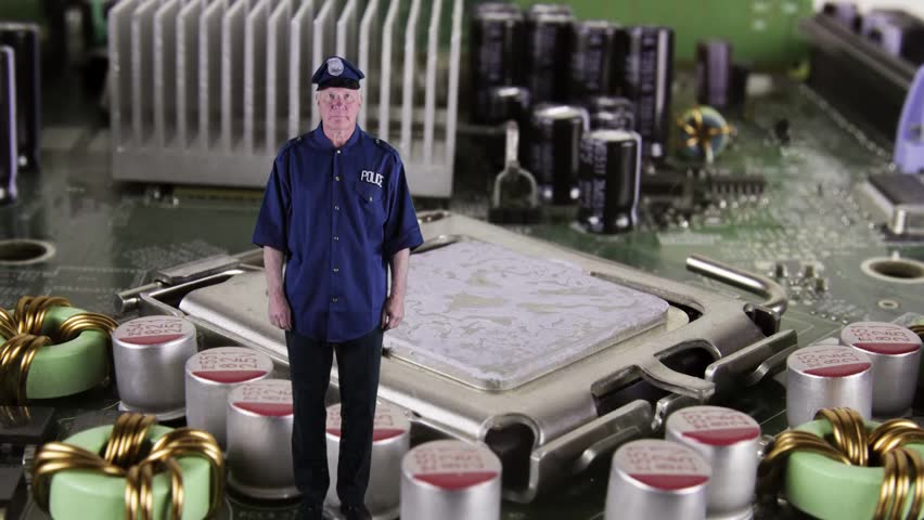Computer circuit board monitor with security guard or police officer.