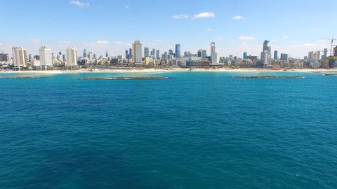 Tel Aviv skyline - Aerial footage over the mediterranean sea